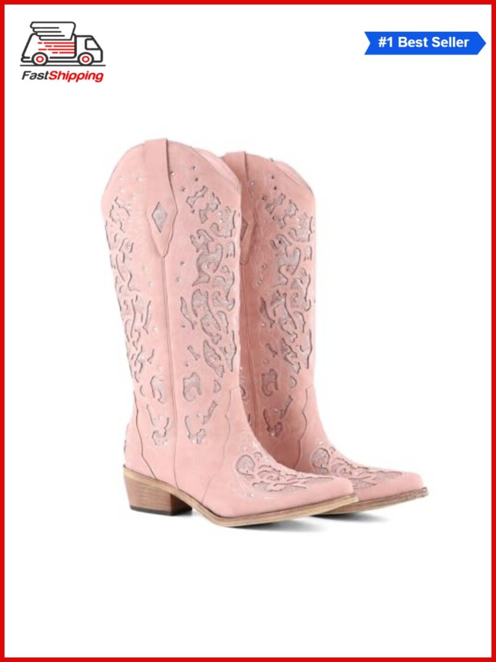 Rhinestone Mid Calf Cowboy Boots Faux Leather Chunky Heel Western Boot Snip Toe